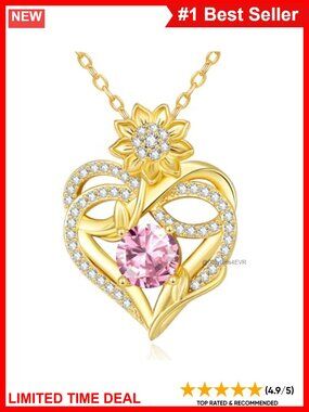 14K Gold Plated Sunflower Birthstone Pendant Necklace Infinity Heart